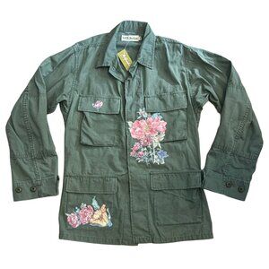 Floral Painted Army Green Utility Jacket – Size Small